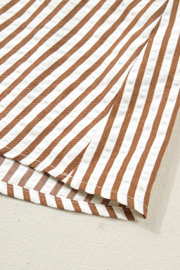 Brown Stripe Shirred V Neck Short Puff Sleeve Blouse