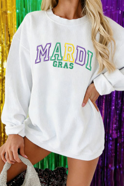 White Oversize Corded MARDI GRAS Embroidered Sweatshirt