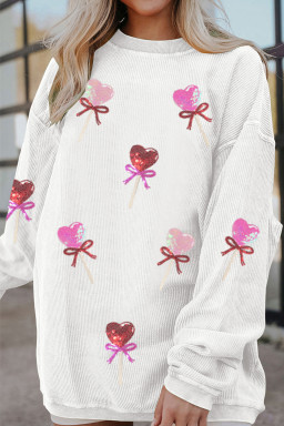 White Heart Lollipop Sequin Pattern Valentine Sweatshirt