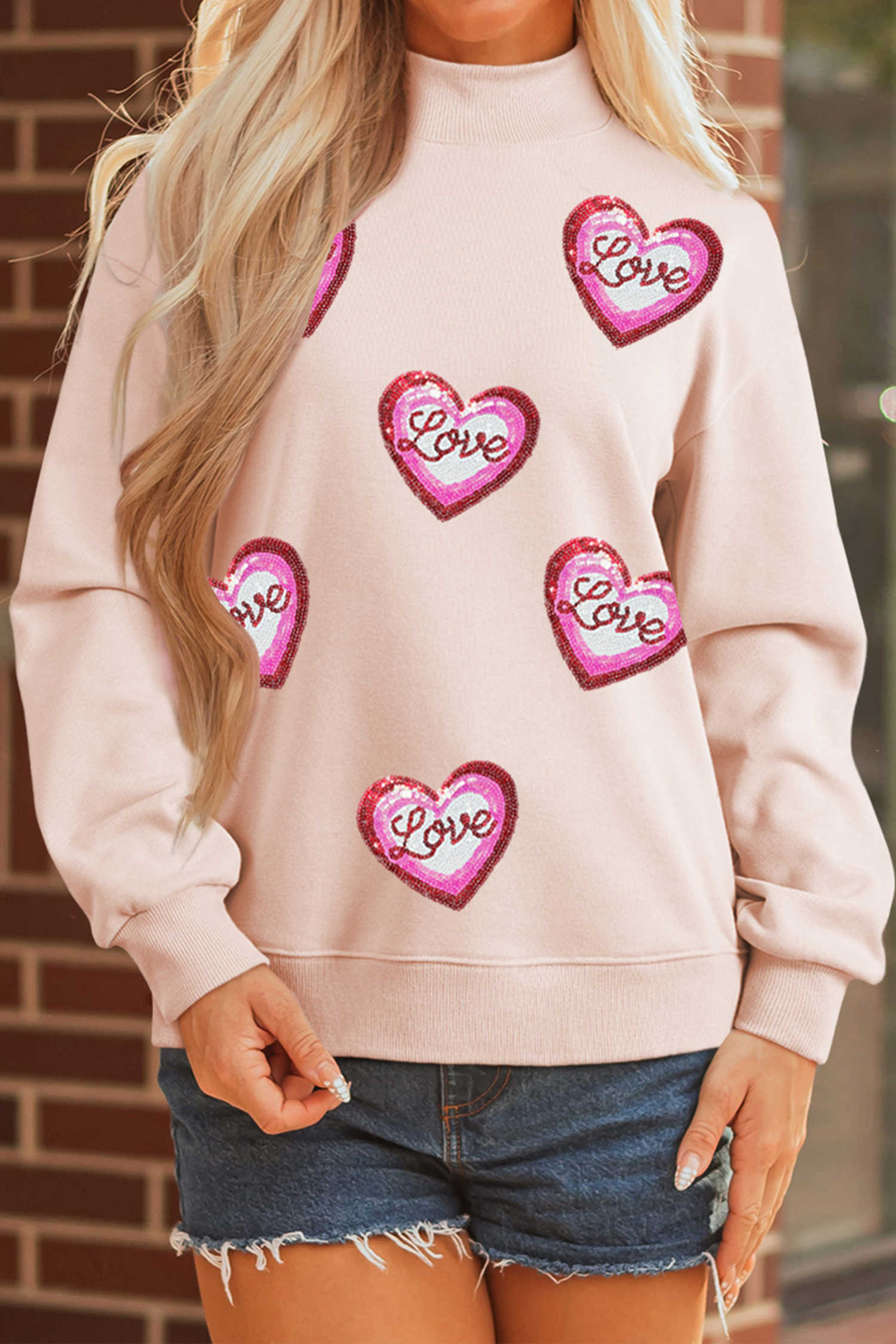 Apricot Pink Sequin Love Heart Patched Mock Neck Sweatshirt