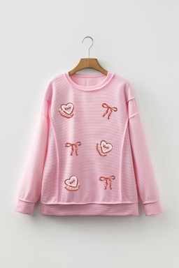 Pink Exposed Seam Ribbed Texture Sequin Love Cake Bow Graphic Long Sleeve Top