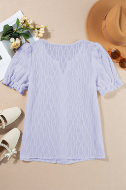 Lilac Solid Color Textured Notched Neck Puff Sleeve Blouse