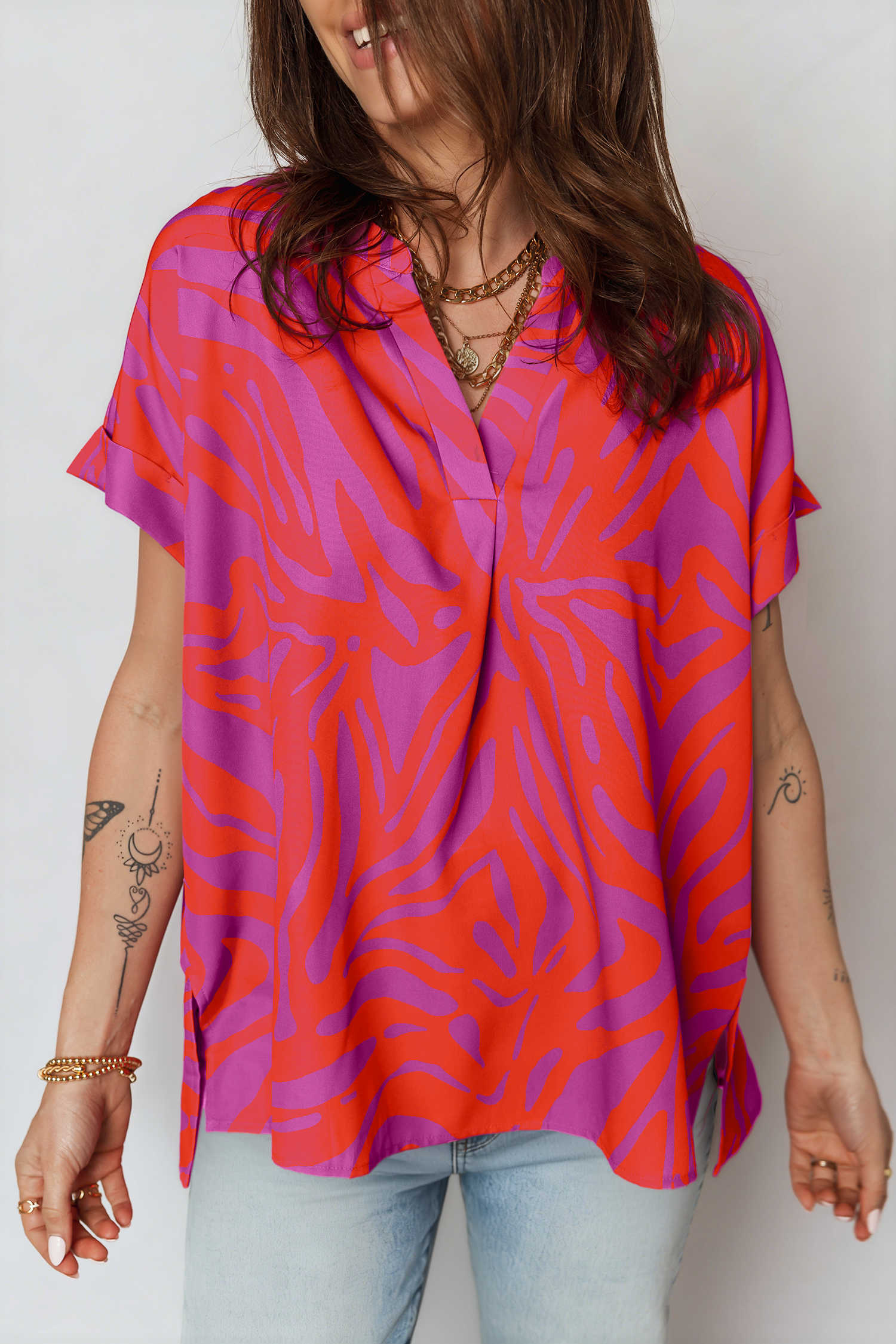 Multicolour Abstract Print V Neck Cuffed Short Sleeve Shift Slit Blouse