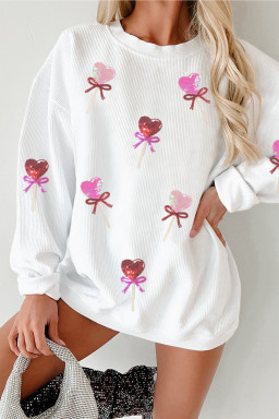 White Heart Lollipop Sequin Pattern Valentine Sweatshirt