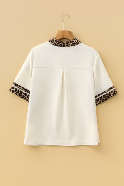 Jet Stream Leopard Patchwork Trim Split Neck Short Sleeve Blouse