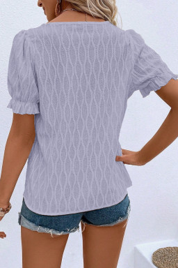 Lilac Solid Color Textured Notched Neck Puff Sleeve Blouse