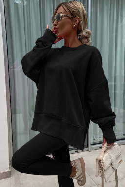 Black Solid Color Oversize Slit Sweatshirt Ribbed Leggings 2pcs Set