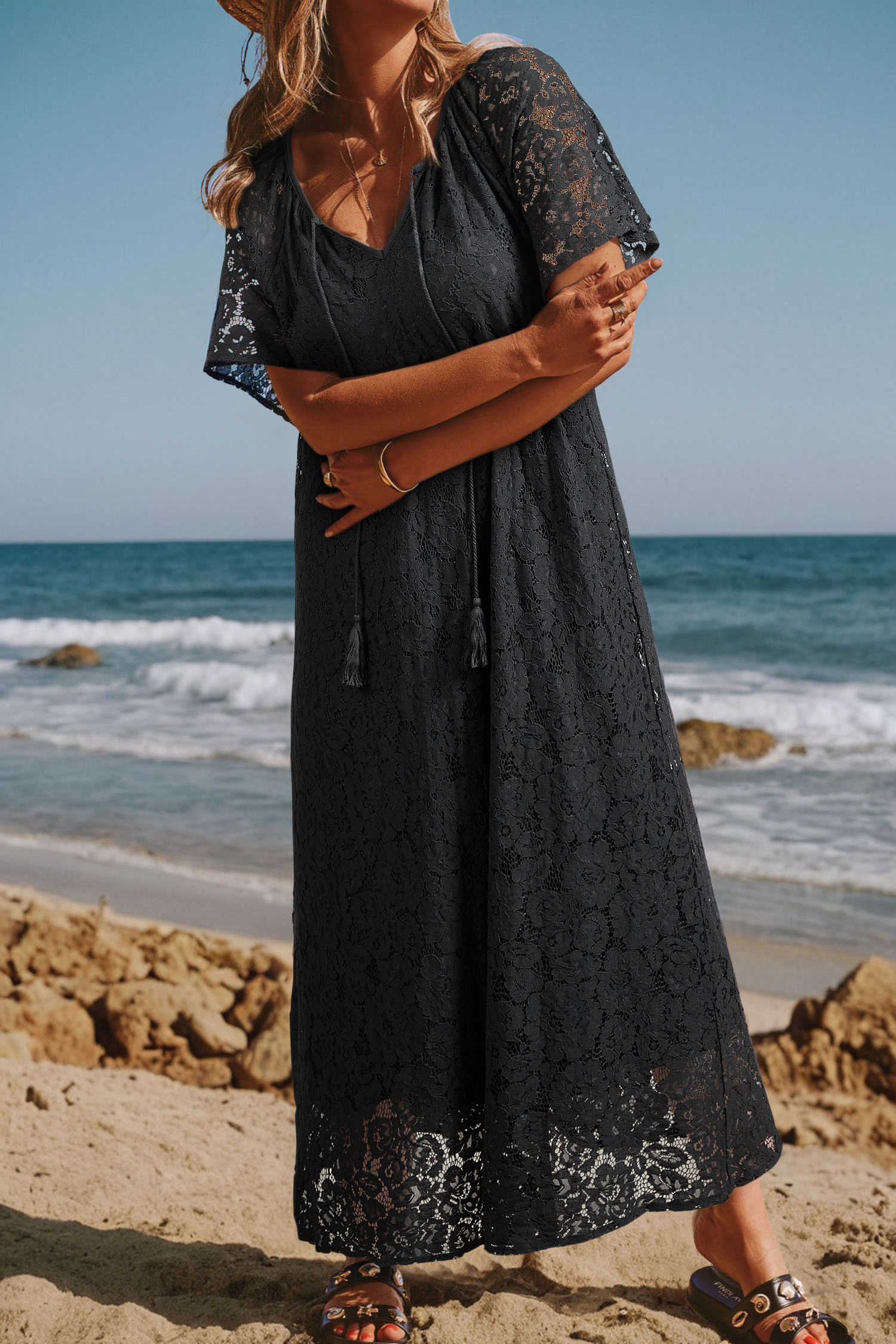 Black Floral Lace Overlay Tassel Tie Short Sleeve Beach Vacation Loose Maxi Dress