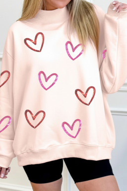Apricot Pink Sequin Heart Sketch Patched Mock Neck Sweatshirt