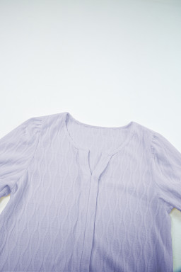 Lilac Solid Color Textured Notched Neck Puff Sleeve Blouse