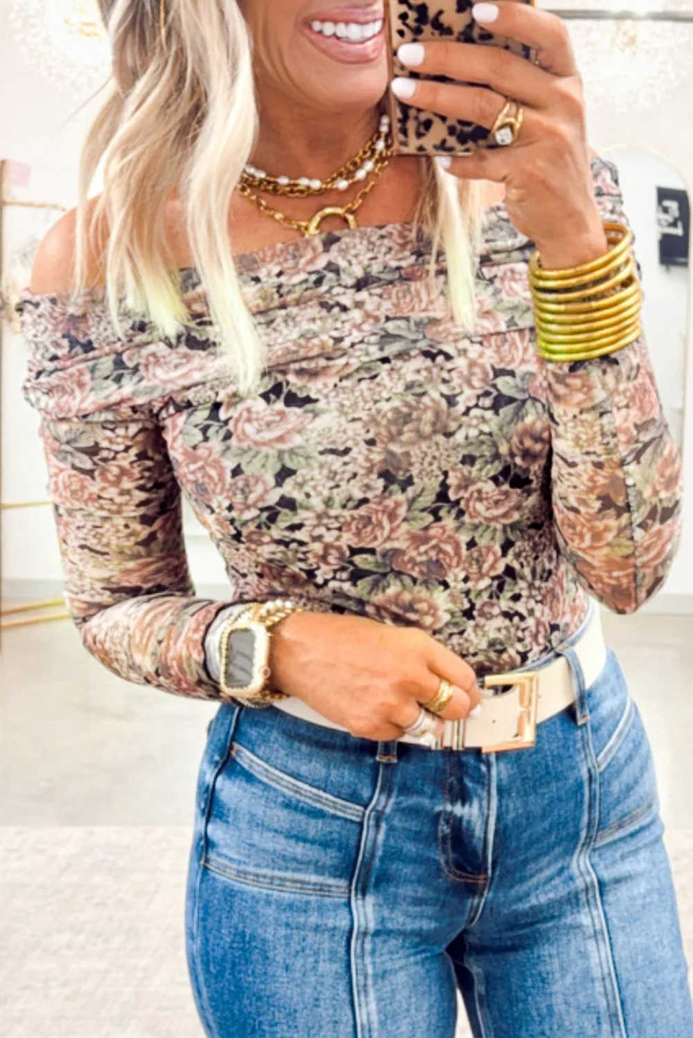 Black Floral Print Mesh Long Sleeve Foldover Off Shoulder Top