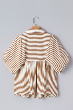 Brown Stripe Shirred V Neck Short Puff Sleeve Blouse