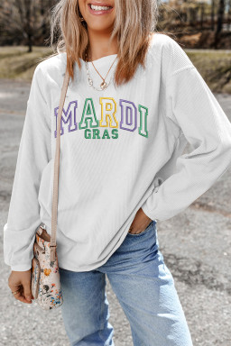 White Oversize Corded MARDI GRAS Embroidered Sweatshirt