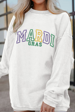 White Oversize Corded MARDI GRAS Embroidered Sweatshirt