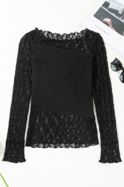 Black Asymmetric Panels Sheer Floral Lace Patchwork Long Sleeve Top
