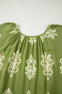 Green Boho Chic Notched V Neck Plus Floral Short Sleeve Top