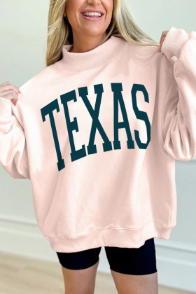 Apricot Pink TEXAS Letter Printed Mock Neck Baggy Sweatshirt