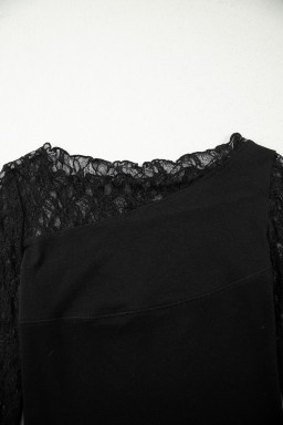 Black Asymmetric Panels Sheer Floral Lace Patchwork Long Sleeve Top