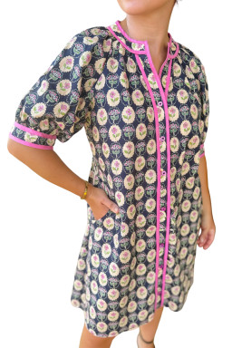 Blue Striped Trim Short Sleeve Vintage Floral Shift Dress