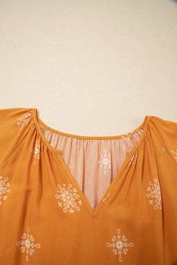 Yellow Boho Chic Notched V Neck Plus Floral Short Sleeve Top