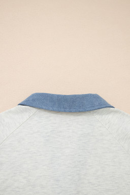 Light Grey Denim Patchwork Buttoned Polo Collar Long Sleeve Top