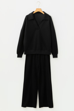 Bristol Black Collared V Neck Pullover Sweatshirt Sweatpants Set