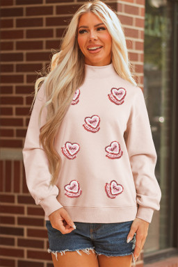 Apricot Pink Sequin Heart Patched Love Cake Mock Neck Sweatshirt