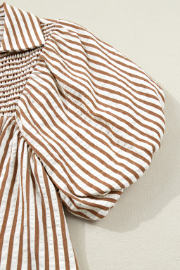 Brown Stripe Shirred V Neck Short Puff Sleeve Blouse
