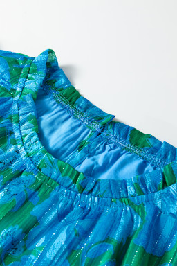 Green Floral Print Ruffled Sleeve Summer Blouse