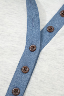 Light Grey Denim Patchwork Buttoned Polo Collar Long Sleeve Top