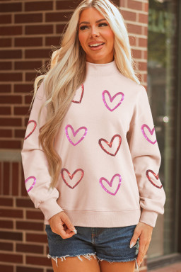 Apricot Pink Sequin Heart Sketch Patched Mock Neck Sweatshirt