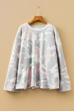 Green Plus Size Camouflage Print Drop Shoulder Loose Pullover Top