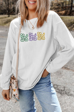 White Mardi Gras Cute Balloon Dogs Embroidered Corded Ribbed Sweatshirt