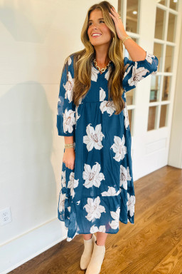 Blue Floral Print Shirt Collar V Neck 3/4 Sleeve Shift Midi Dress