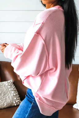 Pink Exposed Seam Ribbed Texture Sequin Love Cake Bow Graphic Long Sleeve Top