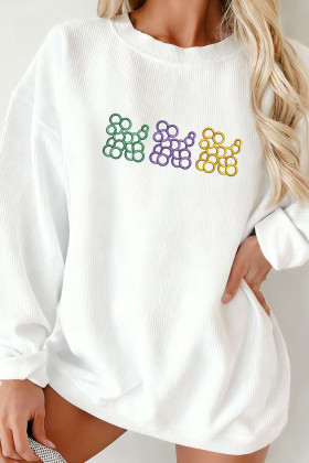 White Mardi Gras Cute Balloon Dogs Embroidered Corded Ribbed Sweatshirt