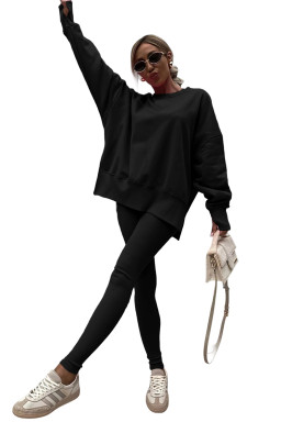 Black Solid Color Oversize Slit Sweatshirt Ribbed Leggings 2pcs Set