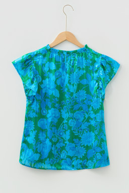 Green Floral Print Ruffled Sleeve Summer Blouse
