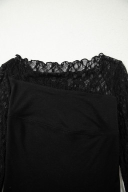 Black Asymmetric Panels Sheer Floral Lace Patchwork Long Sleeve Top