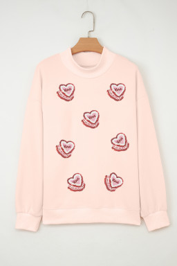 Apricot Pink Sequin Heart Patched Love Cake Mock Neck Sweatshirt