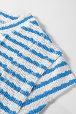 Blue Stripe Textured Short Sleeve Patchwork T Shirt