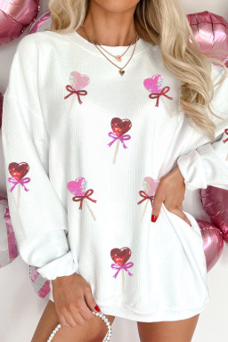 White Heart Lollipop Sequin Pattern Valentine Sweatshirt