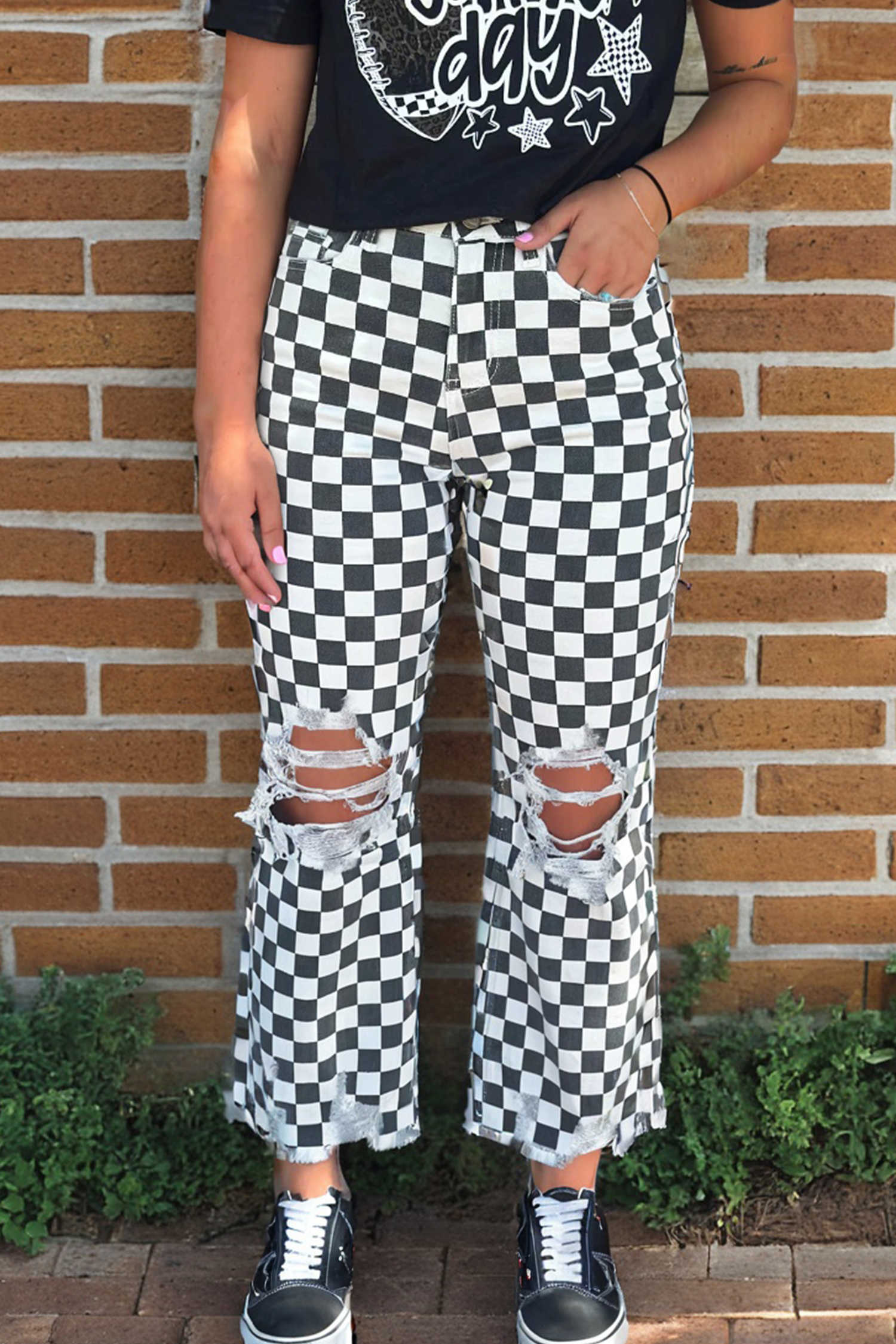 Black Checkerboard Print Distressed Holes Raw Edge Cropped Jeans