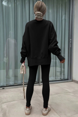 Black Solid Color Oversize Slit Sweatshirt Ribbed Leggings 2pcs Set