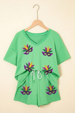 Mint Green Sequin Mardi Gras Mask V Neck Tee Drawstring Shorts 2pcs Outfit
