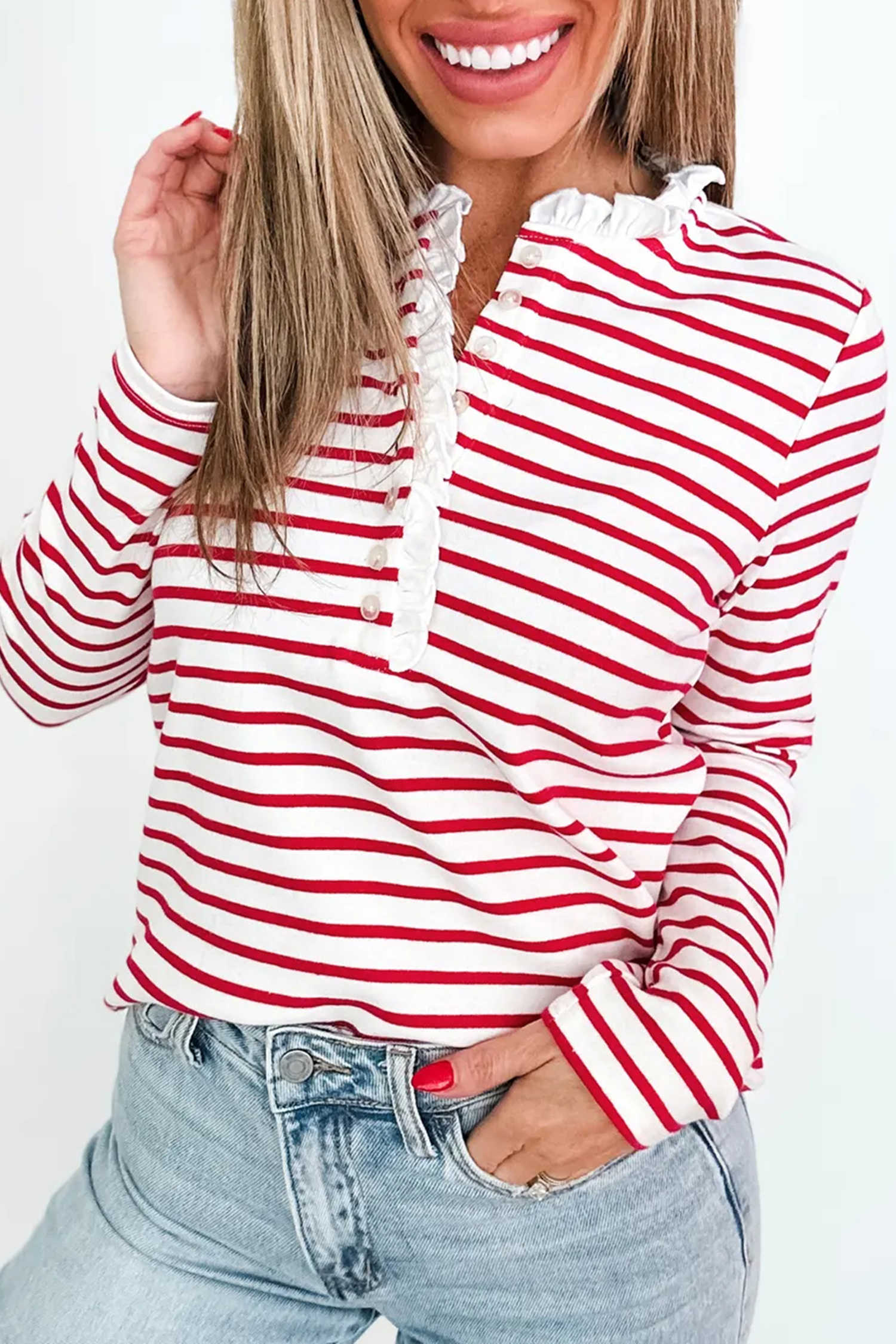 Red Stripe Contrast Frilled Trim Half Button Long Sleeve Top