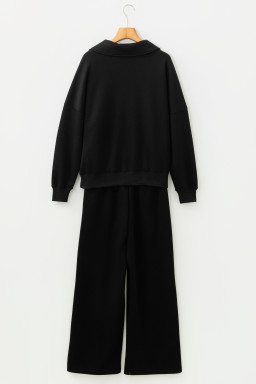 Bristol Black Collared V Neck Pullover Sweatshirt Sweatpants Set