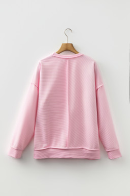 Pink Exposed Seam Ribbed Texture Sequin Love Cake Bow Graphic Long Sleeve Top