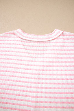 Pink Stripe Plus Size V Neck Exposed Seam Patchwork T Shirt