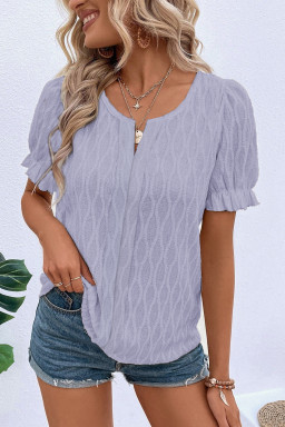 Lilac Solid Color Textured Notched Neck Puff Sleeve Blouse